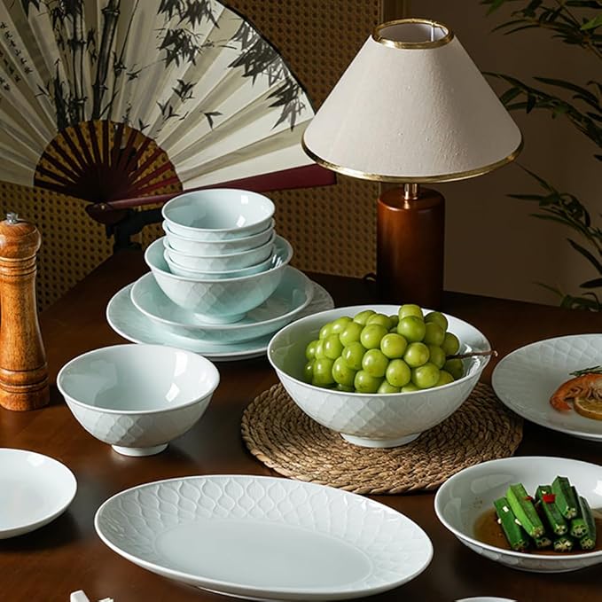 Celadon Green Stoneware Dinnerware Set 12-Piece Embossed Leaf Pattern Bowls &amp Plates Set - 10” &amp 8” Plates 5” Rice Bowls - Zen-Inspired Dishwasher &amp Microwave Safe