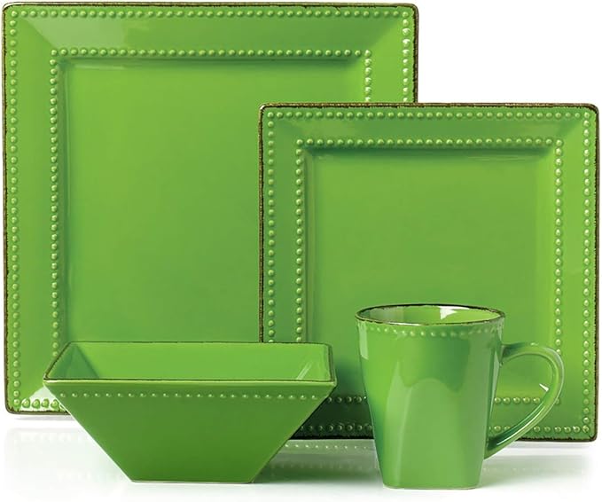 16 Piece Square Beaded Stoneware Dinnerware Set Green