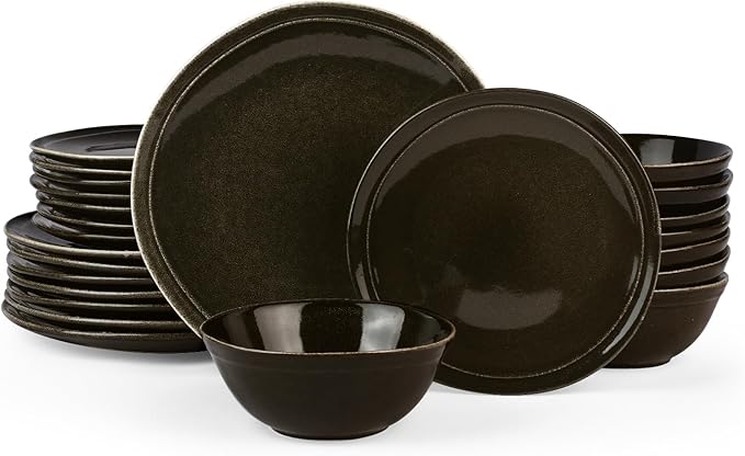 Famiware Aegean Stoneware Dinnerware Set for 8 Plates and Bowls Sets 24 Pieces Scratch Resistant Dinner Set Handmade Irregular Round Dishes - Microwave and Dishwasher Safe Black Coffee