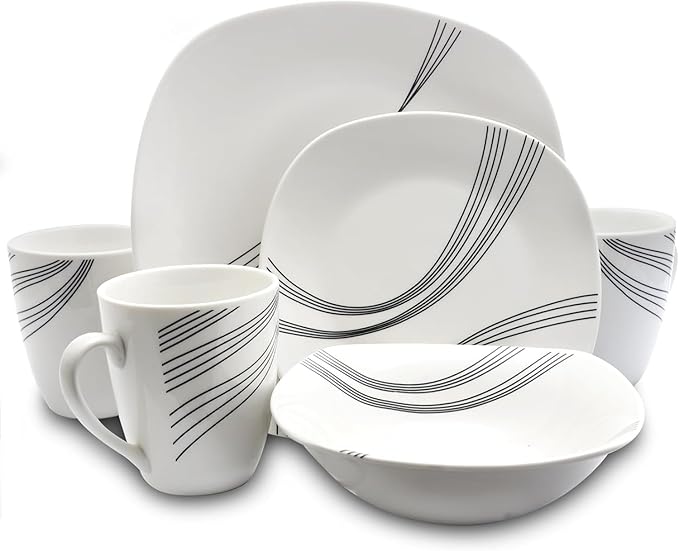 16-Piece Soft Square White Dinnerware Set – Modern Fine China Dish Set with Black Linear Design Service for 4