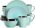16 Piece Green Embossed Stoneware Tableware Set with Dinner Dessert Plate Soup Bowl Mug Service for 4