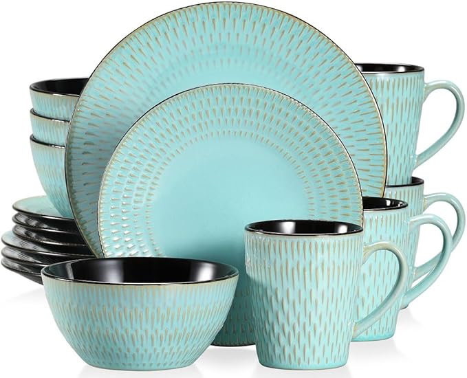 16 Piece Green Embossed Stoneware Tableware Set with Dinner Dessert Plate Soup Bowl Mug Service for 4