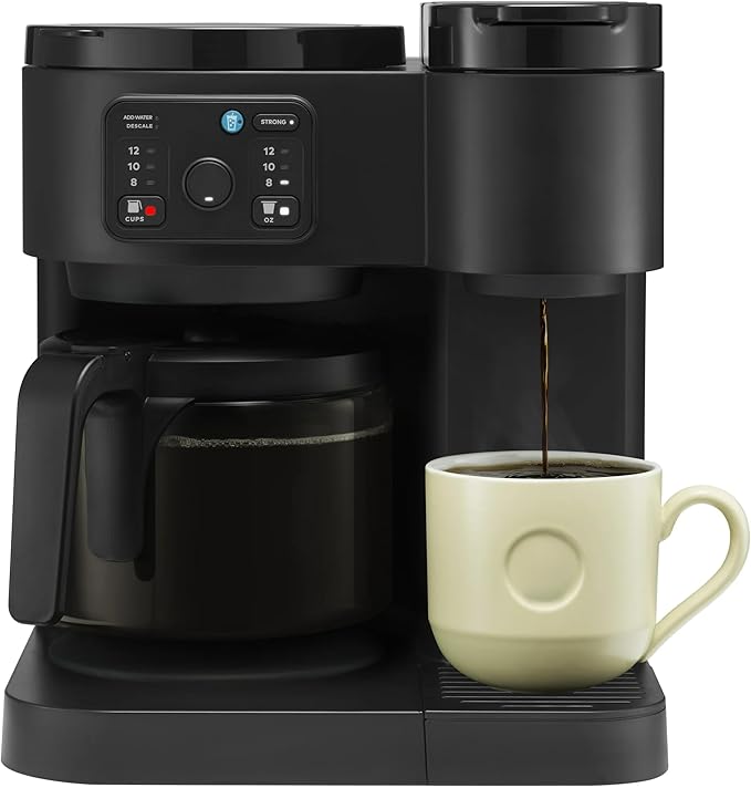 Hot &amp Iced Single-Serve Kcup Pod Coffee Maker with 12-Cup Carafe 72oz Water Reservoir Brew Over Ice Strong Brew Multiple Sizes Programmable Compact Coffee Machine for Home &amp Office (Blac