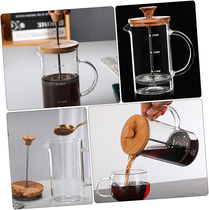 Toyvian Borosilicate Glass Coffee Pot with Lid Plunger Kettle for Loose Tea and Home Brewing Heat Resistant Professional Coffee Maker with Flavor-extracting Mesh and Measurement Scale