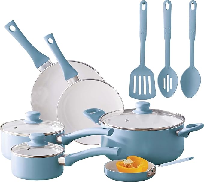 SEDLAV 12-Piece Ceramic Cookware Set in Blue Linen: Elevate Your Culinary Experience