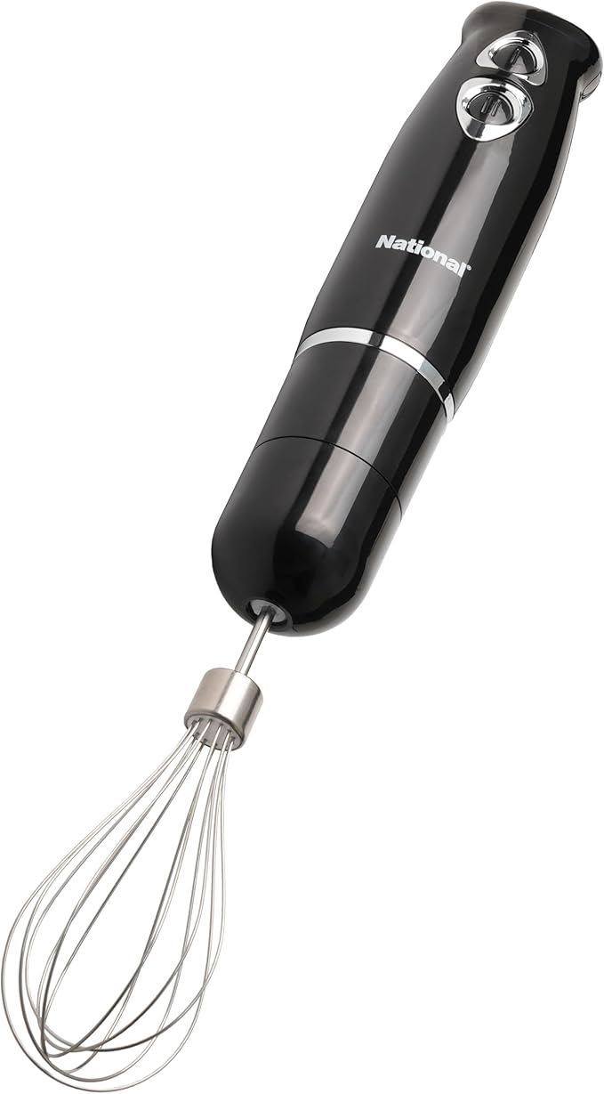 National NA-3104HB 4-in-1 Multi-Purpose Immersion Hand Blender Blend Puree Mash Chop and Whisk Two Speeds Splash Control and ETL Approved with Interchangeable Attachments (Black)