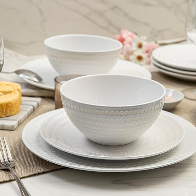 BZYOO Ceramic Dinnerware Set Serive for 4 (12 Pieces) Stoneware Plates and Bowls for Dining Pearl White Dishes Set With DOTDOT Design Microwave Safe (12 PCS Dishes and Bow set Bijou Collection)
