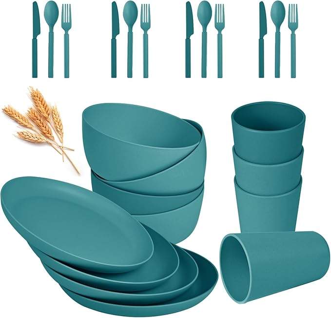 24pcs Wheat Straw Dinnerware Sets Wheat Straw Plates and Bowls Sets for 4 Microwave Dishwasher Safe Lightweight （Green）