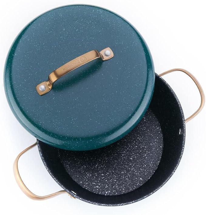 Korkmaz Vintage Cookware Set | 5 Pcs Nonstick Pot Set with Lid | Mixed Granite Casserole Set with Bronze Stay Cool Stainless Steel Handles | Cooking Set with Frying Pan | Oven Dishwasher Safe | Green