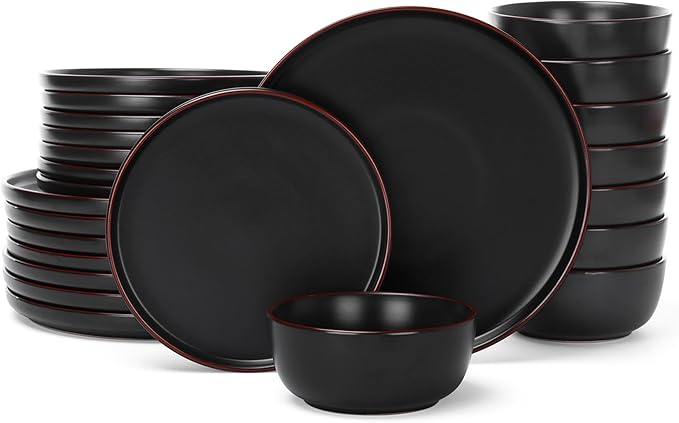 Famiware Mercury 24 Pieces Dinnerware Sets Plates and Bowls Sets for 8 Microwave and Dishwasher Safe Dish Set Matte Black