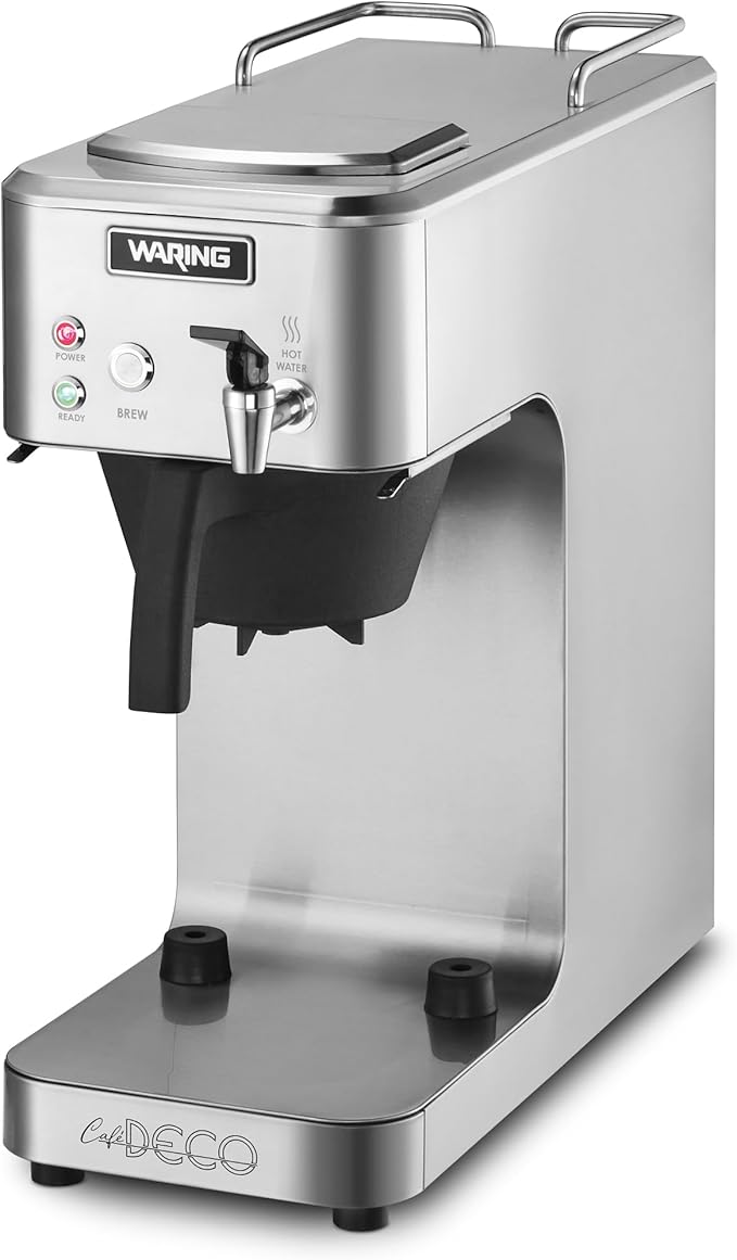 Waring WCM60PT Café Deco Automatic or Pour Over Thermal Carafe Coffee Brewer Stainless Steel Construction Hot water faucet Can be Plumbed or Used as a Pour Over No Warmers 120V 5-15 Phase Plug