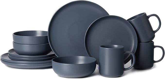12-Piece Matte Blue Dinnerware SetStoneware Dinnerware for 3 Microwave &amp Dishwasher Safe Stackable Design for Kitchen and Dining - PlatesBowls and Mugs