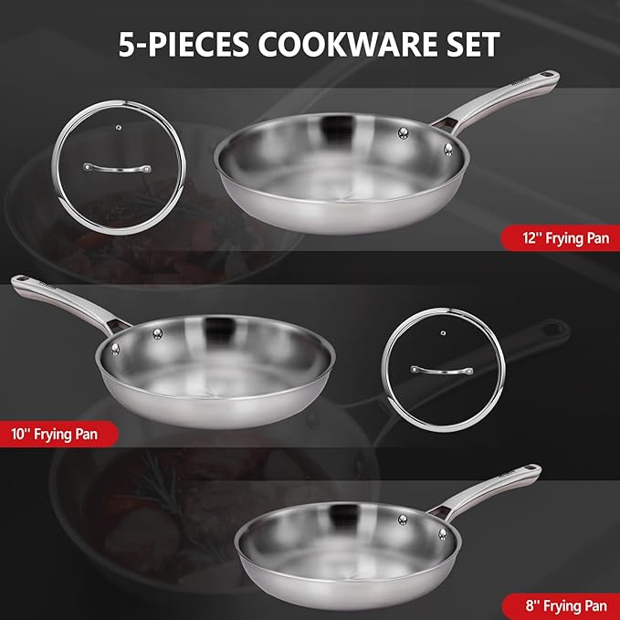 ROVSUN 8-10-12 Inch Stainless Steel Cookware Set Tri-Ply Skillets Set with Lids Full Clad Stainless Steel Chef's Pan PFOA &amp PTFE Free Skillets Compatible for All Cooktops Dishwasher &amp Ove