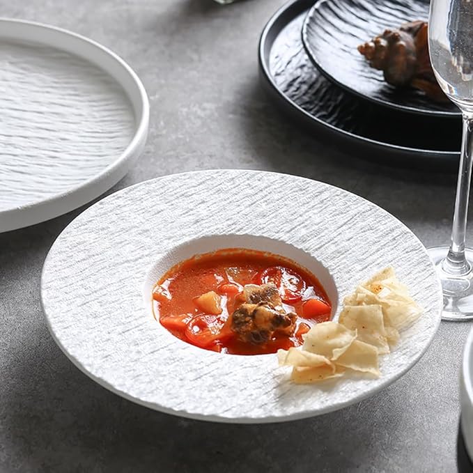 Wabi Sabi Stone Texture Ceramic Dinnerware Set 16-Piece Matte Bowl &amp Plate Set - 10” &amp 8” Plates Bowl Cups - Minimalist Stoneware for Modern Dining (Black/White) (white)
