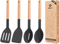 Pack of 4 Silicone Cooking Utensils Set Non Stick Solid Spatulas and Heat Resistant Slotted Spoons with Wooden Handle Ideal Wood Kitchen Utensils Set for FryingServingTurningStirring (BLACK)