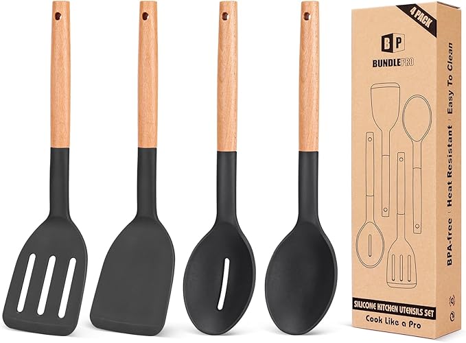 Pack of 4 Silicone Cooking Utensils Set Non Stick Solid Spatulas and Heat Resistant Slotted Spoons with Wooden Handle Ideal Wood Kitchen Utensils Set for FryingServingTurningStirring (BLACK)