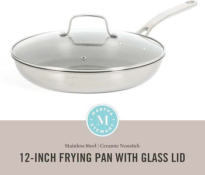 Martha Stewart Badgley Hybrid Nonstick 12 Inch TriPly Stainless Steel Large Fry Pan With Lid &amp Stay Cool Handle - Laser Etched Non-Toxic Perfect Sear Nonstick Skillet - Dishwasher and Induction Sa
