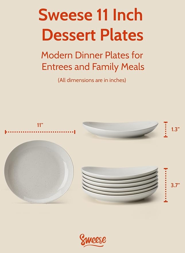 Sweese Porcelain Dinner Plates 11 Inch Set of 6 - Scratch Resistant Microwave Oven Safe Plates in Grey