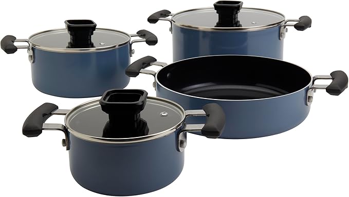 Denmark Tools for Cooks 7 Piece Ceramic Nonstick Aluminum Nesting Cookware Set Pots Pans Blue
