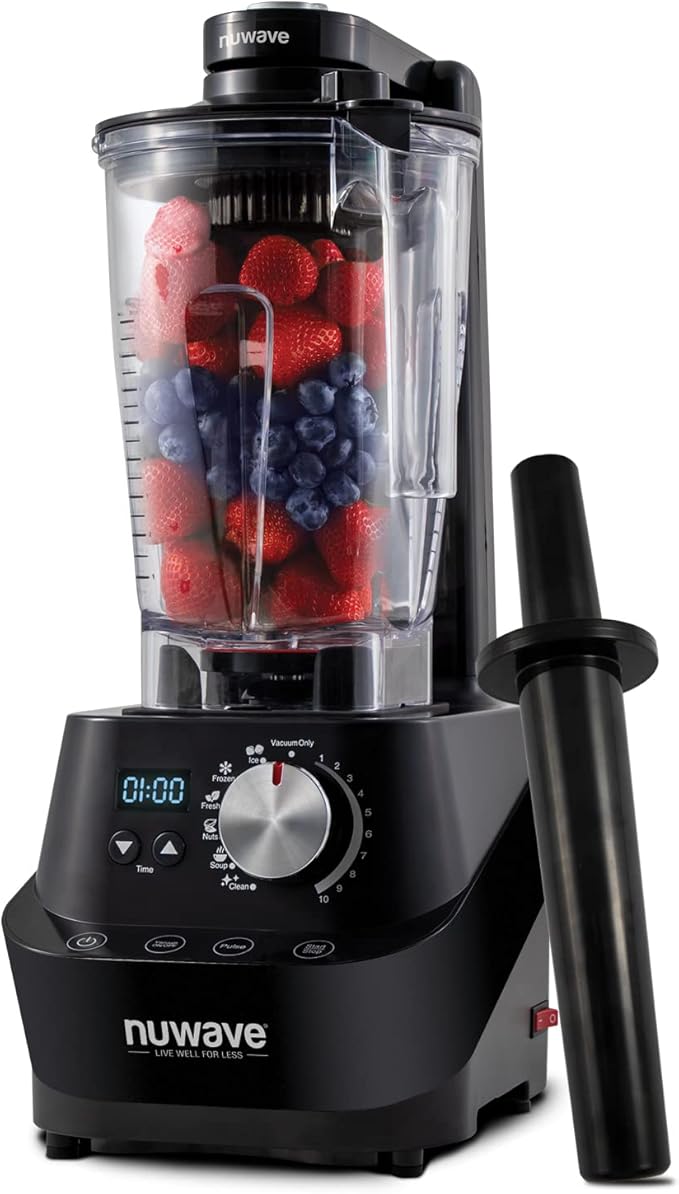 NuWave Moxie Commercial Blender Vacuum Smoothie Blender with 2.5HP Motor Professional Grade Self-Cleaning - 6 presets &amp 10 Speed Settings for Shakes Smoothies Nut Butters Crushed IceBlack