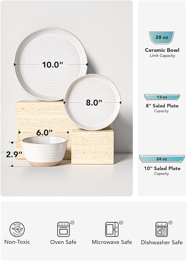 LE TAUCI Dinnerware Sets 12 PCS Ceramic Plates and Bowls Set For Housewarming (28 oz Cereal Bowl+ 8 Salad Dish+10 Dinner Plate) x 4 Oven safe Arctic White