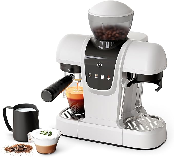 20 Bar Espresso Machine with Grinder &amp Steam Wand - Semi Automatic Coffee Maker NTC Intelligent Temp Control 58mm Stainless Steel Portafilter One-Touch Panel for Home Barista (Removable Water T