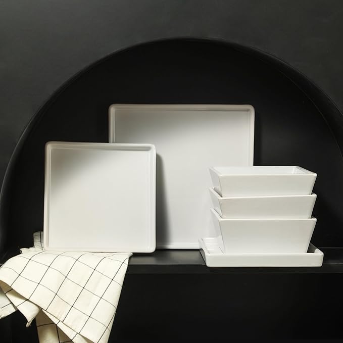 Stone Lain Grace Square Stoneware Dinnerware Set 12 Piece Service For 4 Plates and Bowls Dish Set White