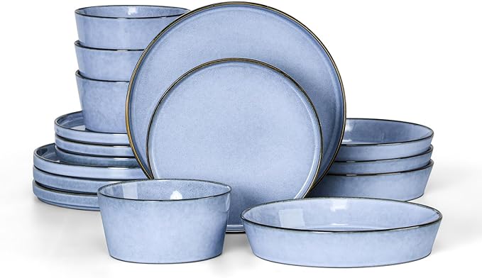 Herogo Dinnerware Sets with Pasta Bowls for 4 16 Piece Dinner Salad Plates and Cereal Serving Bowls Stoneware Dishes Dinner Ware for Home Kitchen Dishwasher &amp Microwave Safe Haze Blue