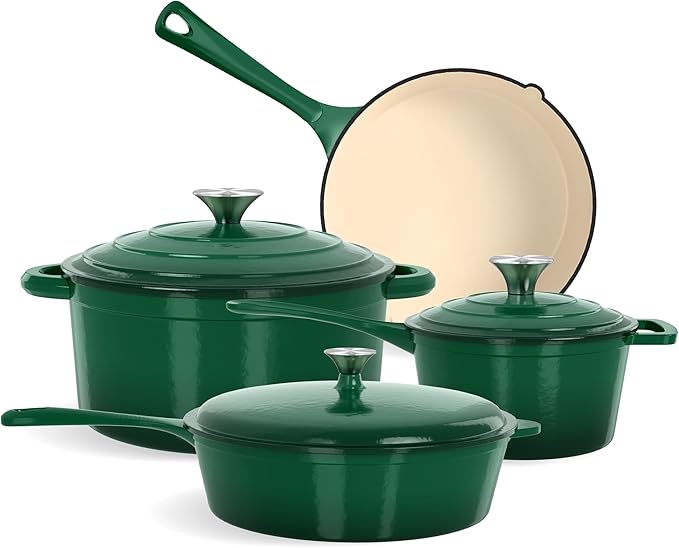 Kitchen Academy 7Pcs Enameled Cast Iron Cookware Sets - Non Toxic Pots and Pans Set Induction Nonstick Cookware Set PFOA&ampPFAS Free (Emerd)