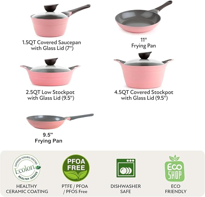 Neoflam Eela 8-Piece Pink Ceramic Nonstick Chef Cookware with Glass Lid Kitchen Pot and Pan Cooking Set Ceramic Coating Easy to Clean Great Gift for Kitchen Made in Korea