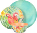 LauraGates 12 Piece Tropical Parrots Floral Melamine Dinerware Set - 4 Dinner Plates 11 inch 4 Dessert Plates 8.7 inch and 4 Bowls 5.9 Inch