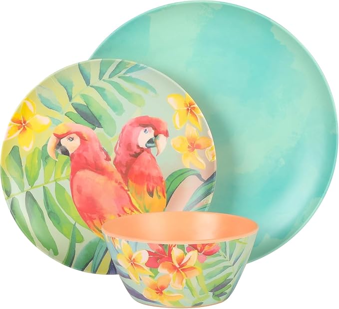 LauraGates 12 Piece Tropical Parrots Floral Melamine Dinerware Set - 4 Dinner Plates 11 inch 4 Dessert Plates 8.7 inch and 4 Bowls 5.9 Inch