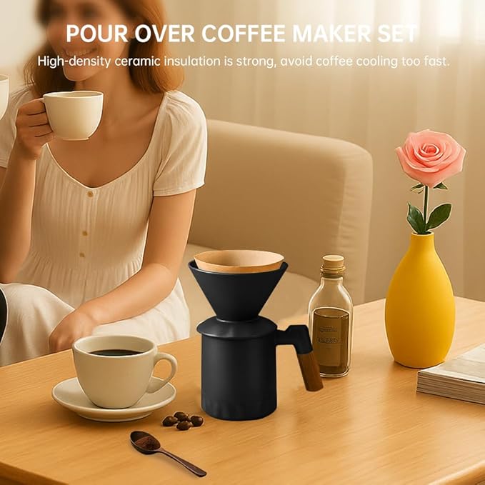 Pour Over Coffee Maker Set Ceramic Pour Over Coffee Dripper 15.5oz/450 ml with 25 Pcs V60 Paper Filter Coffee Pour Over Set for Camping Black
