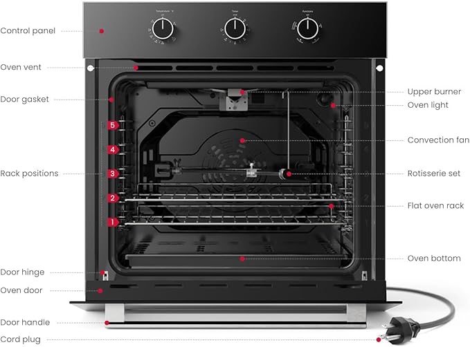 GASLAND 24 in Gas Wall Oven ETL Certified Built-in Single Wall Oven Natural Gas Wall Oven with Bake Broil Rotisserie Functions Timer and Convection Fan 120V Cord Plug Black