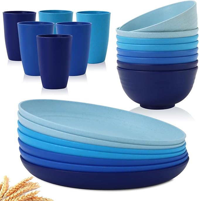 Homienly 10 inch Dinner Plates &amp 12 OZ Wheat Straw Cups &amp 26 OZ Salad Bowls-22 PCS Dinnerware Set Service for 6 Lightweight Plates and Bowls Set(Ocean Series)