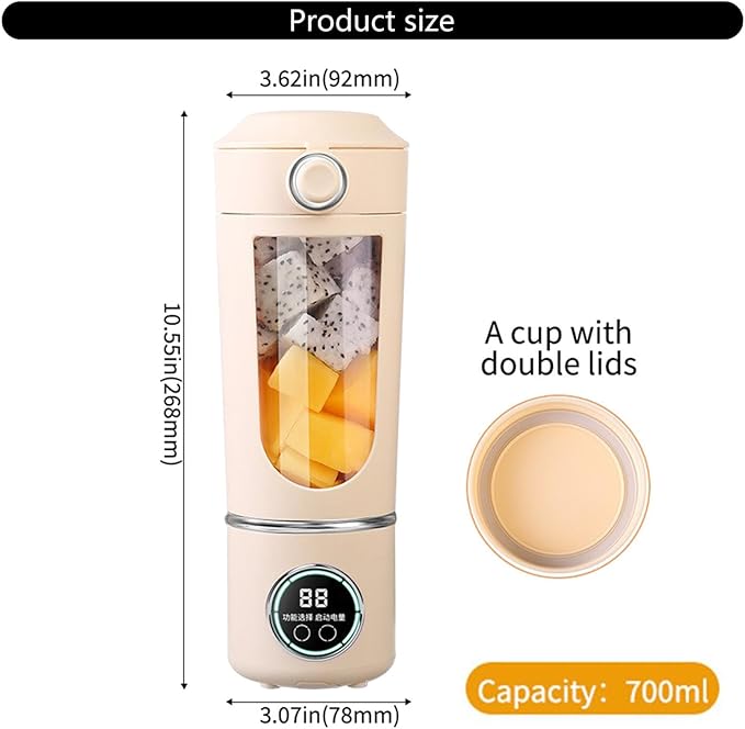Portable Blender Personal Electric USB - 700ml Fruit Mixer Personal Juicer for Shakes with Stainless Blades Single-Touch Pulse System Leak-Proof Safety Lock High-Capacity Battery for Travel