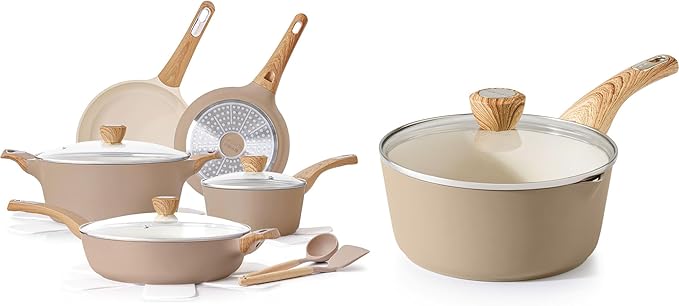 SENSARTE 14-Piece Ceramic Pots and Pans Set NonstickKitchen Cookware Sets1.5 Quart Ceramic Nonstick Sauce Pan with Lid Induction Pot PFOA PTFE PFAS PFOA Free