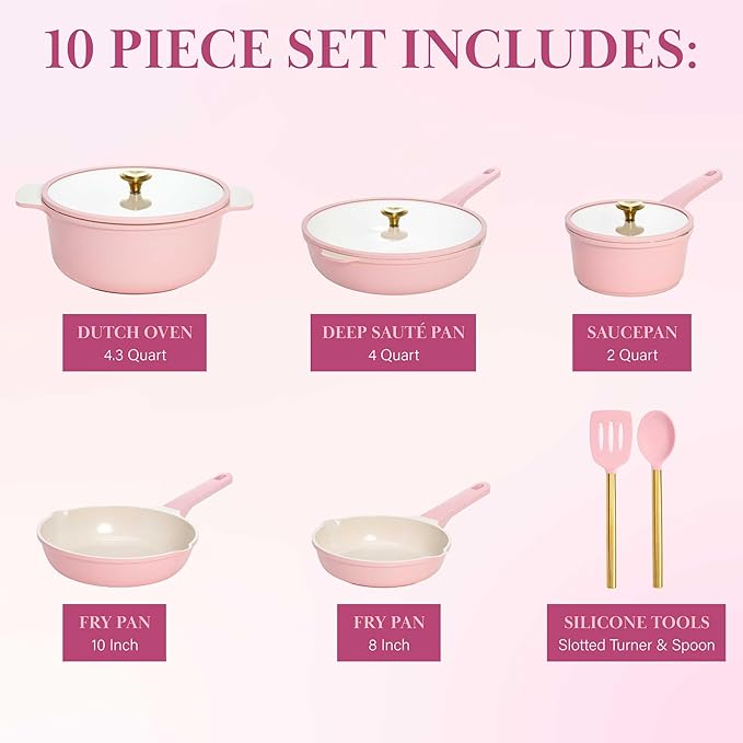 Paris Hilton Ceramic Nonstick Cookware Set Cast Aluminum with Dual Layer Nonstick Coating Gold Heart Knobs Stay-Cool Handles Made without PFAS PFOA PFOS &amp PTFE Dishwasher Safe 10-Piece Pi