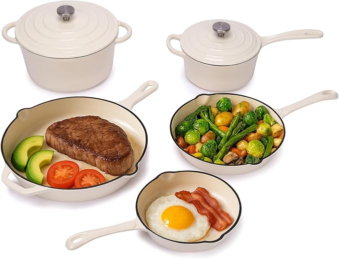 QuliMetal Enameled Cast Iron Cookware Set 5 Pcs Pots and Pans with Lid Skillet Frying Pan Saucepan &amp Dutch Oven for All Stovetops PFA Free - Ideal for Sourdough Bread Baking