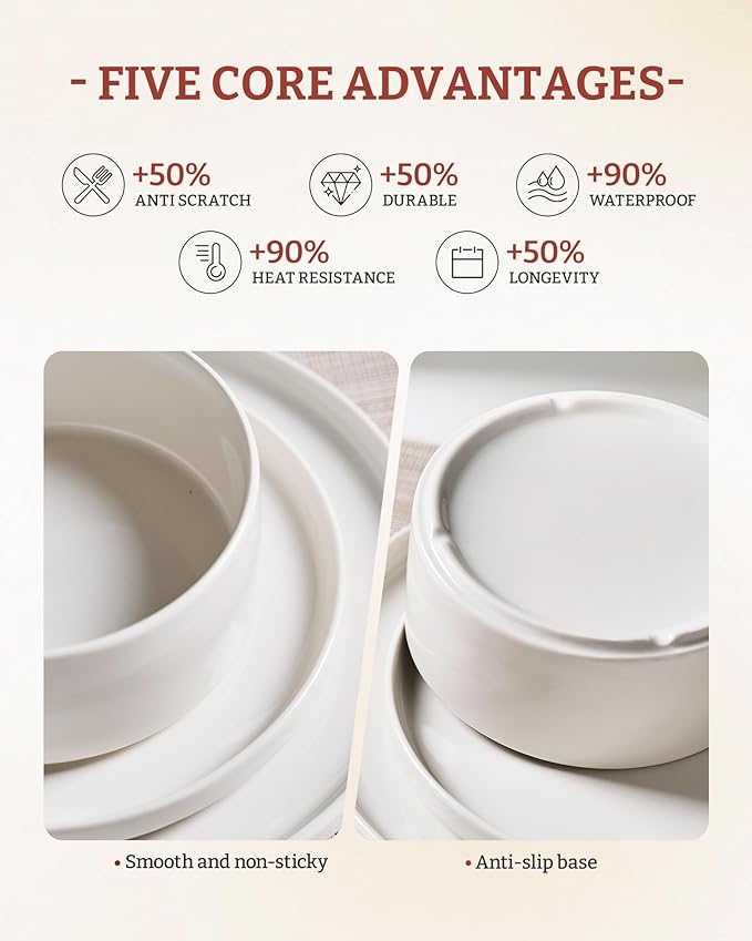 Famiware Porcelain Dinnerware Set 18-Piece Modern Plate and Bowl Set dish set for 6 Microwave and Dishwasher Safe Tableware White