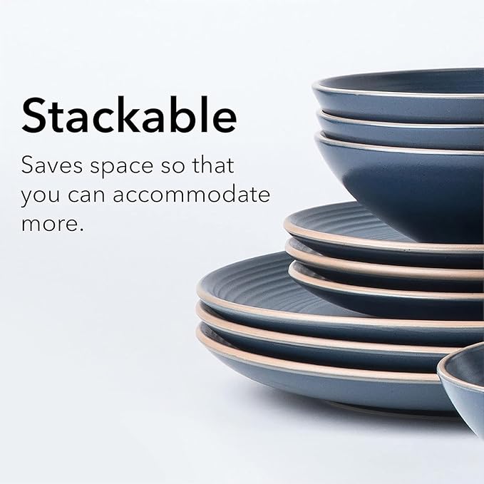 RINGAR Round Stoneware 16pc Double Bowl Dinnerware Set for 4 Dinner Plates Side Plates Cereal Bowls Pasta Bowls - Speckle Matte Blue (420796)
