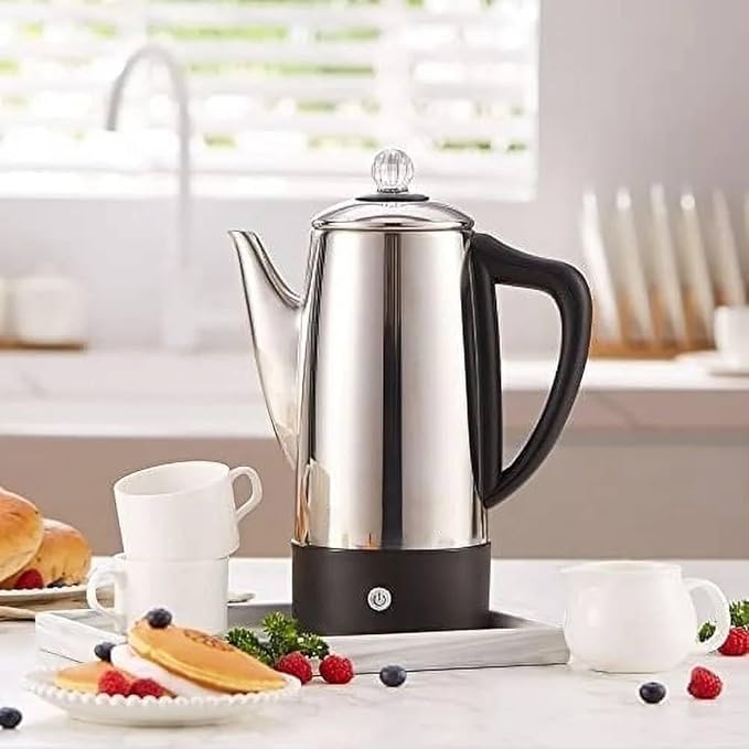 Stainless Steel 12-Cup Percolator with Automatic Shut-off Keep Warm Removable Filter Touch Handle Cord-less Serve