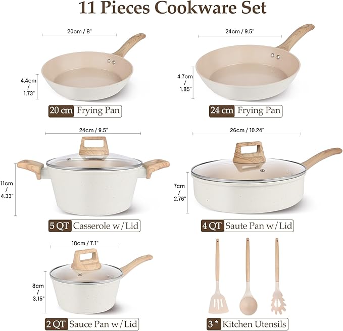 Pots and Pans Set Non Stick Non-Toxic Ceramic Cookware Set 11pcs Induction Cookware Kitchen Cooking Set with Frying Pans Saucepan Stock Pot PFOA Free &amp PFOS Free Cream Color