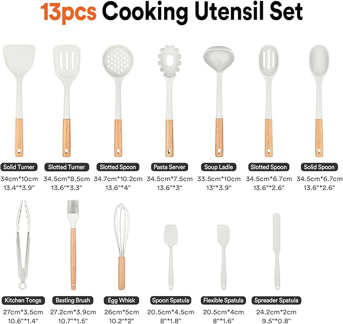 Kitchen Utensils Set 13PCS Silicone Cooking Utensils Heat Resistant Kitchen Utensil Spatula Set for Nonstick Cookware Wooden Handles Kitchen Gadgets Tools Set