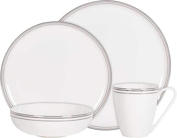 Everyday White by Fitz and Floyd Nevaeh Bone China Coupe Platinum Bands Dinnerware Set Service for 4