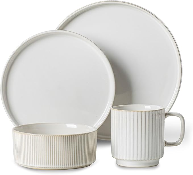 16-Piece Ribbed Ceramic Dishware Set Service for 4 Plates Bowls &amp Mugs Dinnerware Set for Kitchen Microwave and Dishwasher Safe - White
