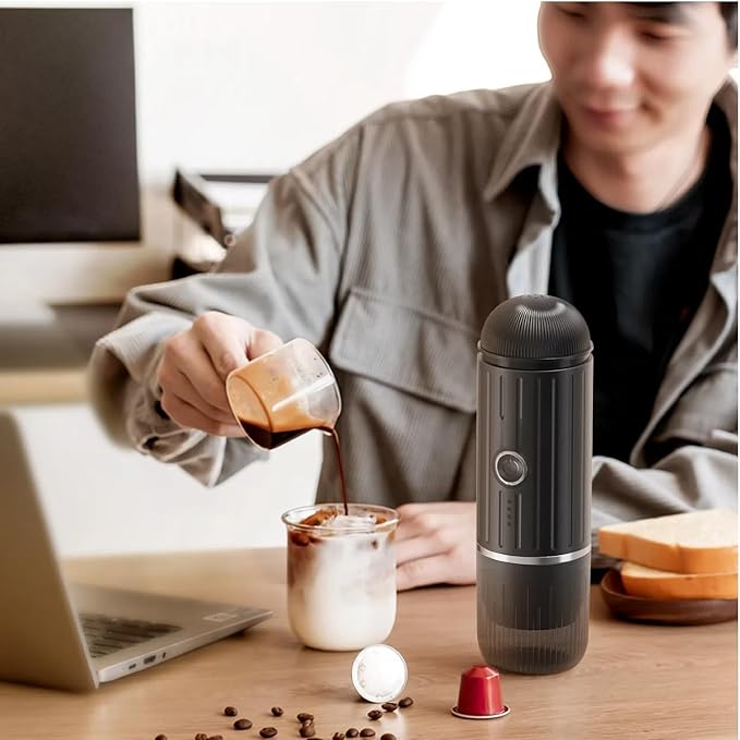 Portable Espresso Machine with 3-4 Min Self-heating 12V Rechargeable Electric Coffee Machine 19 Bar Compatible with NS Capsules and Ground Coffee for Car Camping Travelling