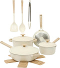 Gibson Elite Folkstone 13 Piece Pots and Pans Durable Cast Aluminum PFA Free Non stick Ceramic Coating Cookware Set W/Kitchen Tools and Protective Felts - Induction Safe - Linen White W/Wood Handle