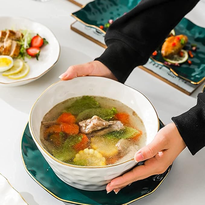 Classic 52 Pcs Dinnerware Sets Nordic Style Bone Porcelain Tableware Set With Plates Dish And Bowls Green White Ceramic Dinner Set With Gold Rim For Home Kitchen