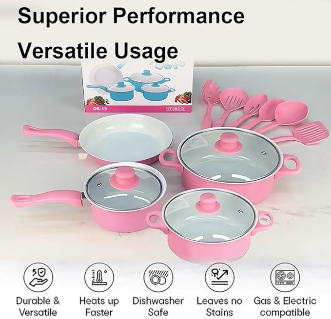 13 Piece Set Cookware Set Non-Stick Portable Lightweight Iron Pots and Pans with Glass Lids and Nylon Utensils for Outdoor Camping Picnic Travel Cookware